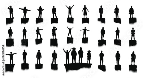 Silhouettes of diverse individuals performing various dance and celebratory poses on podiums