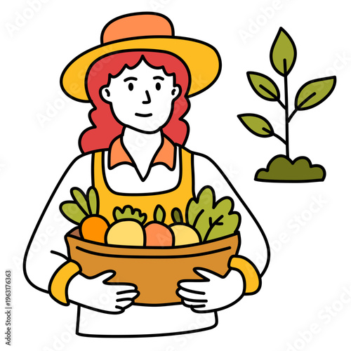 Happy female farmer holding basket full of fresh organic vegetables and carrots