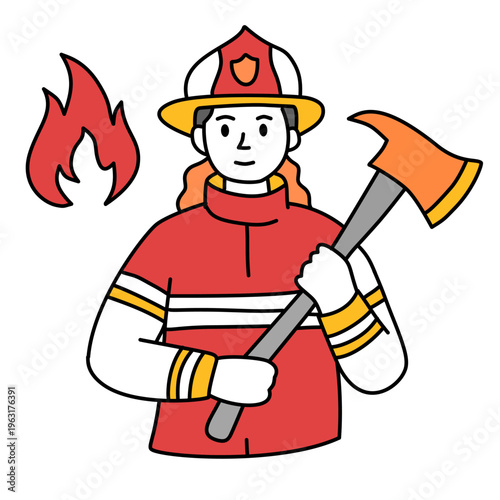 Brave female firefighter wearing uniform holding heavy axe with fire flame background