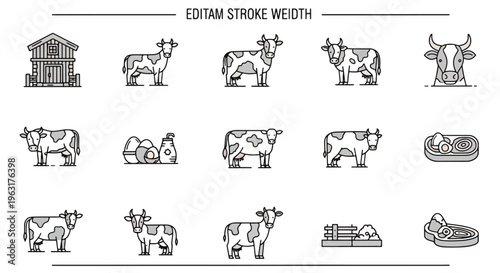 Black and white cow farm animal icons set with various poses and expressions