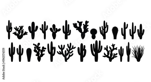 Diverse collection of stylized black silhouettes of cacti and desert plants