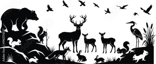 Black silhouettes of various animals in a natural landscape with rocks and plants