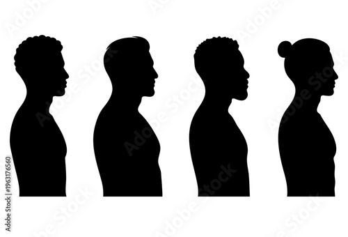Set of male head profiles in silhouette with various modern hairstyles