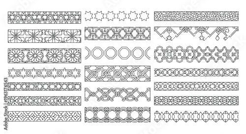 Historical and decorative geometric border patterns from various architectural styles