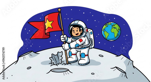 Astronaut in white spacesuit holding vietnamese flag on moon with earth in background at night