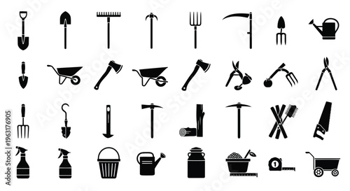 Comprehensive collection of traditional gardening and yard tools in black and white icons