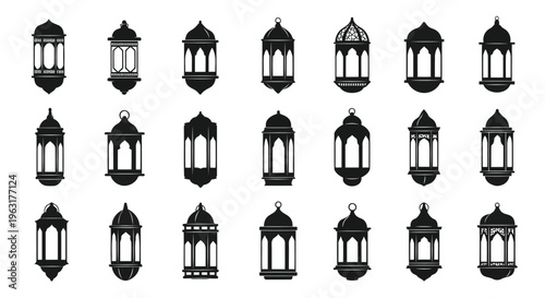 Collection of vintage-style black lanterns in various designs and orientations