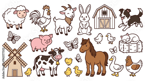 Collection of cute farm animals and elements isolated on white background.