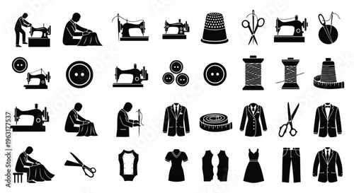 Vintage sewing tools and clothing items illustrated in black and white