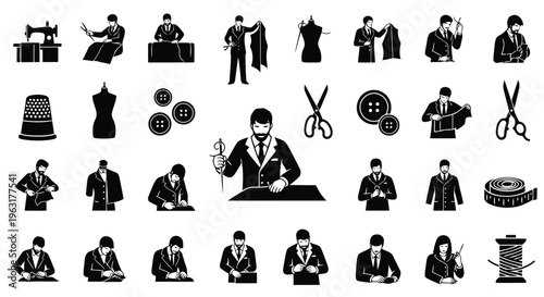 A collection of black and white silhouettes depicting various tailoring and sewing activities