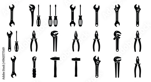 Assorted black and white hand tools arranged in a grid layout
