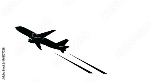 Silhouette of an airplane taking off against a white background.