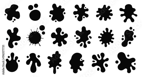 Abstract collection of black inkblot patterns in a grid formation
