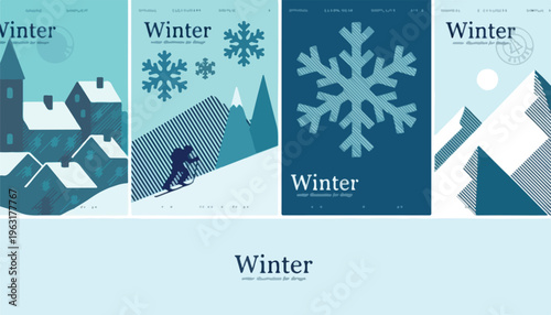 Winter landscape poster set with snowy mountains and village, minimalist blue vector illustrations for seasonal holiday cards and travel flyers