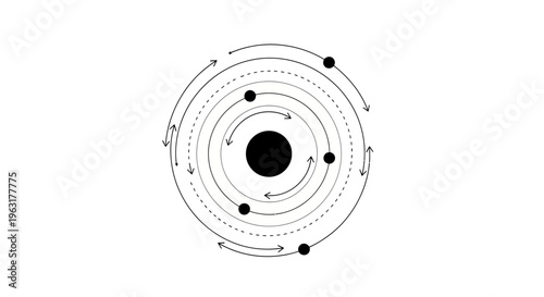 Abstract orbital system with particles moving in circular paths.