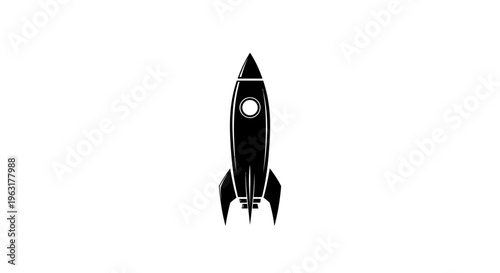 Minimalist black rocket ship icon isolated on white background