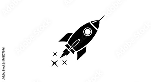 Black and white rocket ship launching into space icon on a white background