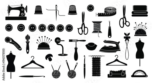 Vintage sewing and crafting tools icon collection in black and white