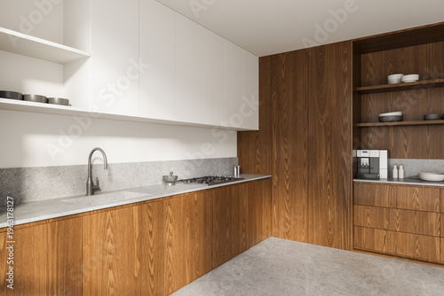 Modern kitchen interior with wooden cabinets, white cupboards and stone countertop in minimal architecture design concept shown here. 3D Rendering