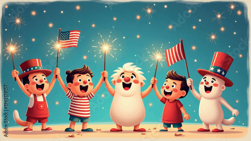 Patriotic kids, cartoon characters, American flags, sparklers, festive illustration, 4th of July, Independence Day