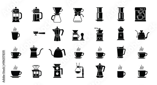 A diverse collection of coffee brewing tools and appliances in black and white