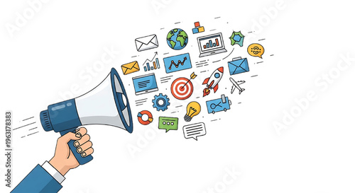 Digital marketing megaphone with social media icons, online advertising and communication concept for business promotion and internet marketing strategy