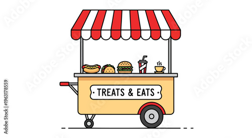 Colorful food cart with red and white striped awning selling fast food