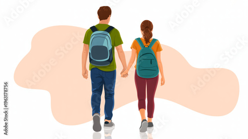 Title Rear View of a Young Student Couple Holding Hands and Carrying Backpacks While Walking for Education and Young Love Concept Flat Vector Illustration