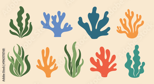 Colorful coral reef shapes in various shades on beige