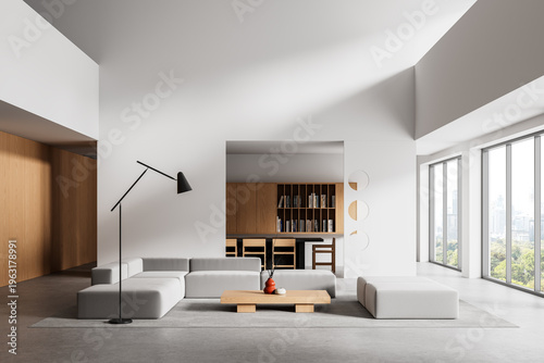 Modern minimalistic interior living room with large windows, modular sofa, wooden accents and open space design concept in bright daylight. 3D Rendering