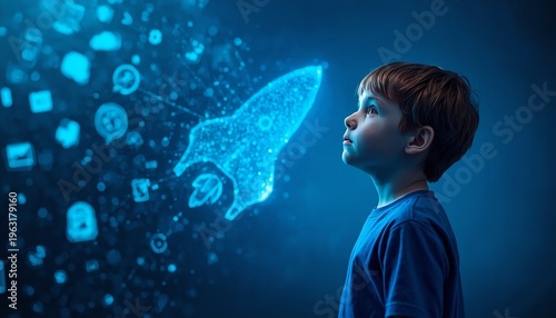 Young Student Looking at Glowing Digital Rocket and Technology Icons Representing Innovation and STEM Education Discovery