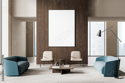 Modern interior design mockup featuring blank poster on wooden wall with contemporary sofas, chairs and decor in spacious bright room. 3D Rendering