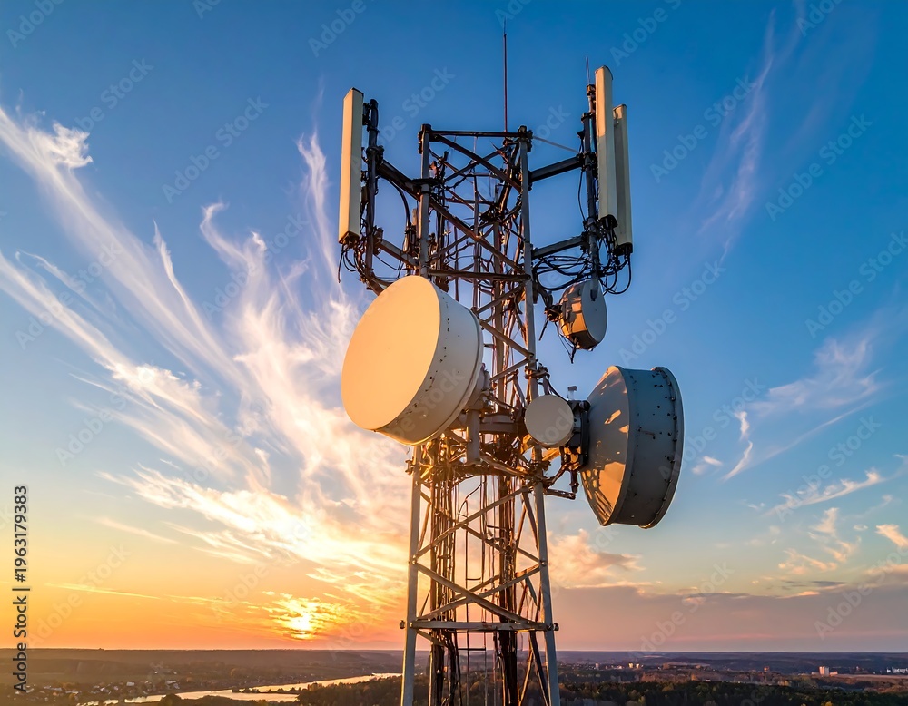 custom made wallpaper toronto digitalTelecommunication tower against a colorful sky during sunset. The structure is composed of various antennas and dishes