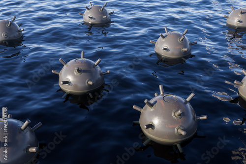 Φωτογραφία Floating naval mines drifting on a calm sea surface under daylight, detailed metallic spheres creating a dangerous maritime atmosphere for security concept ideas