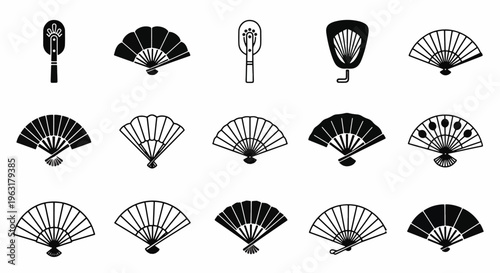 Collection of various handheld folding fans in black and gray patterns on plain surface