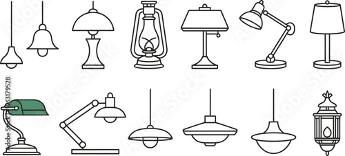 Modern Line Art Vector Illustration Set of Various Home Interior Lamps and Pendant Light Fixtur