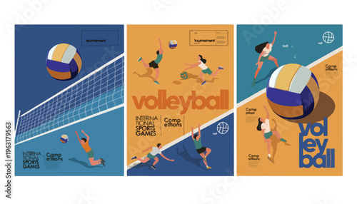 Retro volleyball tournament poster set, vintage sports competition flyer with athletes and ball, flat vector illustration collection
