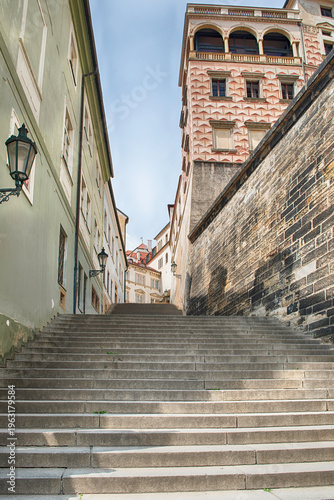 Climbing the old town stairs in Prague, Czech Republic