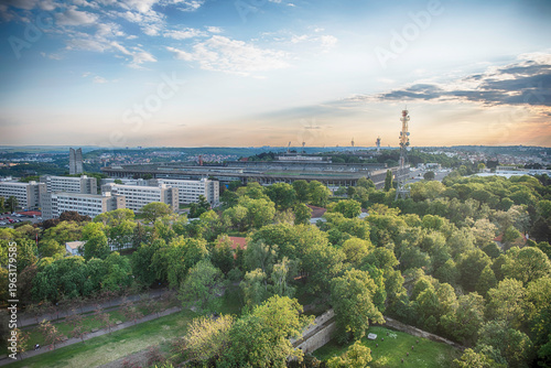 Strahov Stadium and Zizkov television tower at sunset in Prague
