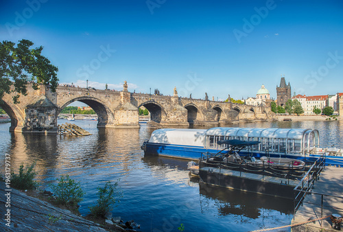 Charles Bridge crossing Vltava River in Prague, Czech Republic