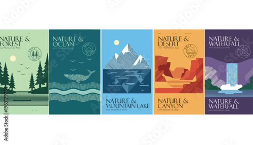 Minimalist nature travel posters set, flat vector landscape illustrations of forest ocean mountain desert and waterfall, vintage national park art