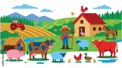 Colorful farm scene with animals tractor and farmer illustration.
