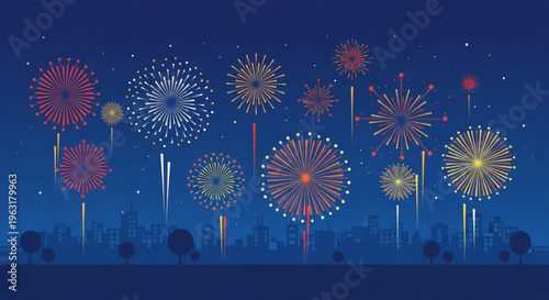 Vibrant fireworks exploding in the night sky over a cityscape colorful celebration and festivity
