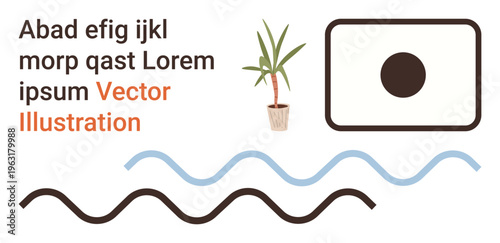 Graphic design, modern decor, abstract layout, educational material, creative inspiration, text formatting. Text elements, wavy lines potted palm and minimalist frame with a circle. Useful