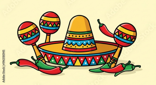 Vibrant sombrero with maracas and chili peppers on yellow background mexican festive symbols