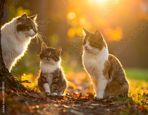 Wallpaper Mural Three cats bask in the golden light of sunset or sunrise, with foliage around them. They sit in a park, possibly a garden Torontodigital.ca