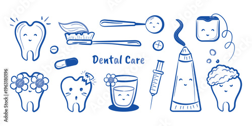 A set of elements for dental care, drawn in blue ink. The concept of a healthy smile and beauty. Vector design.