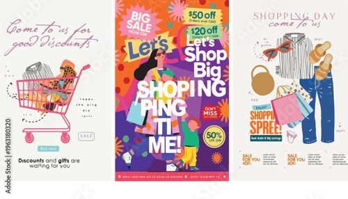 Fashion shopping sale banners with retail discount offers, set of 3 vertical vector templates, colorful promotional flyers for big sale events
