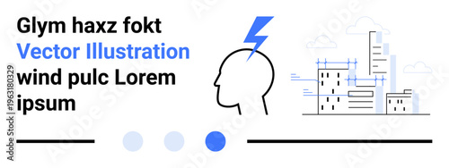 Human head silhouette with lightning bolt, representing ideas or creativity, alongside futuristic cityscape with cloudy sky. Ideal for innovation, technology, urban planning, energy, brainstorming