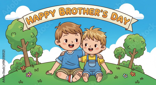 Two happy brothers sitting on green hill under happy brother's day banner in sunny outdoor scene